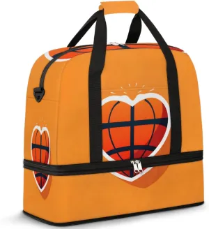 Basketball Love Heart Foldable Duffle Bag with Shoes Compartment Large Capacity Waterproof Travel Weekender Bag Overnight Bag for Sports Gym