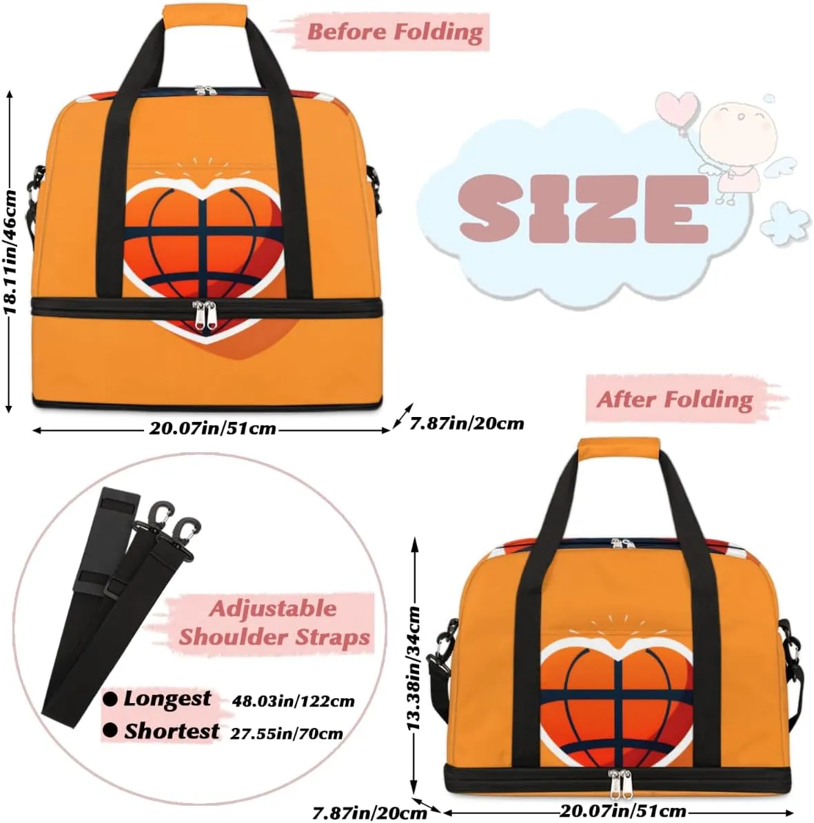 Basketball Love Heart Foldable Duffle Bag with Shoes Compartment Large Capacity Waterproof Travel Weekender Bag Overnight Bag for Sports Gym