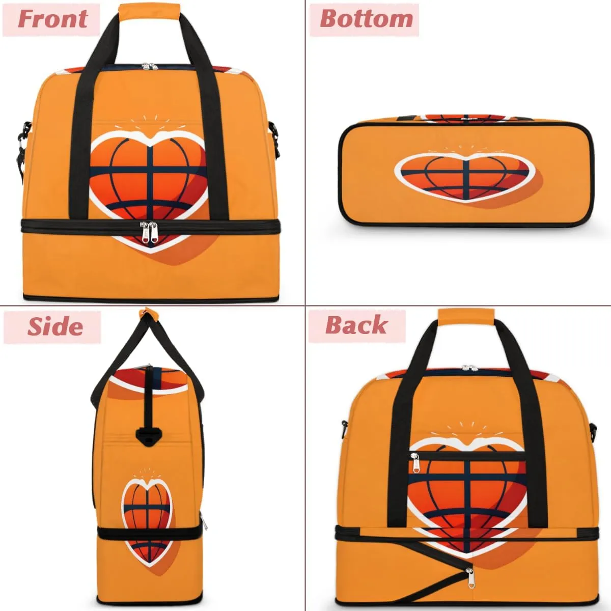 Basketball Love Heart Foldable Duffle Bag with Shoes Compartment Large Capacity Waterproof Travel Weekender Bag Overnight Bag for Sports Gym