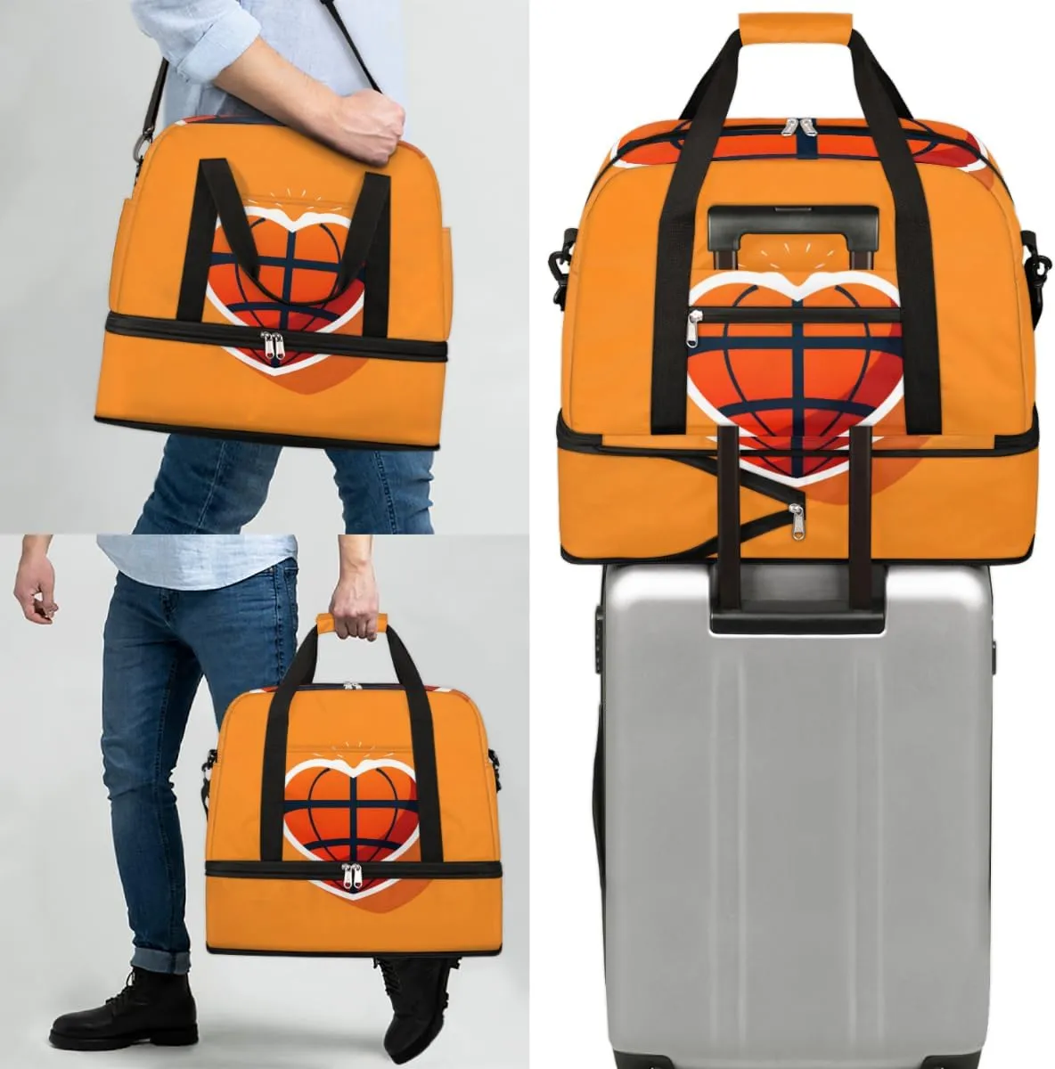 Basketball Love Heart Foldable Duffle Bag with Shoes Compartment Large Capacity Waterproof Travel Weekender Bag Overnight Bag for Sports Gym