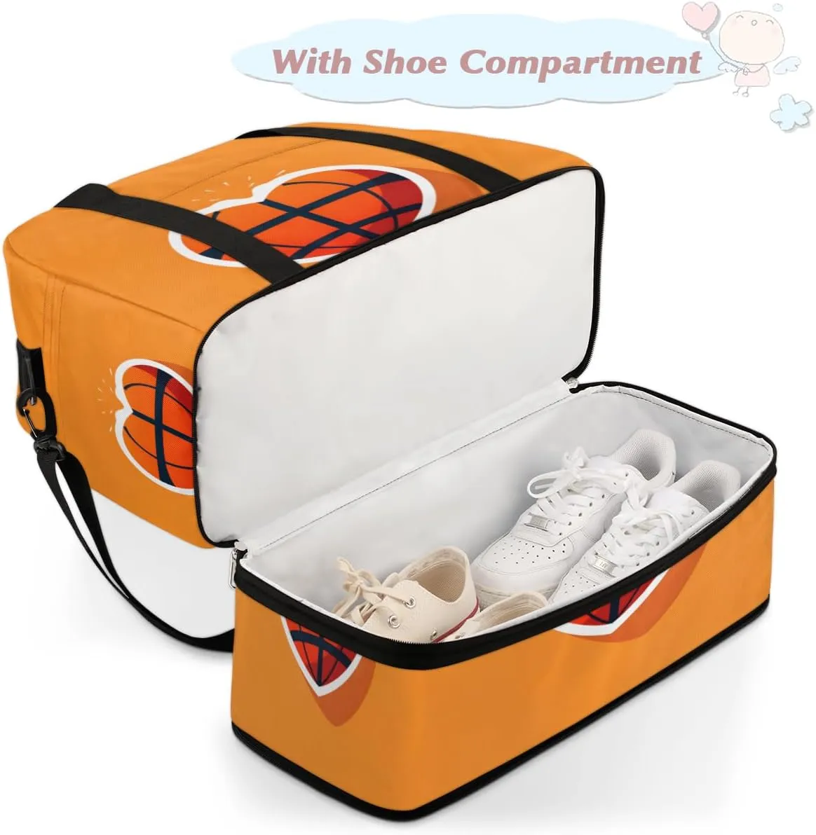 Basketball Love Heart Foldable Duffle Bag with Shoes Compartment Large Capacity Waterproof Travel Weekender Bag Overnight Bag for Sports Gym