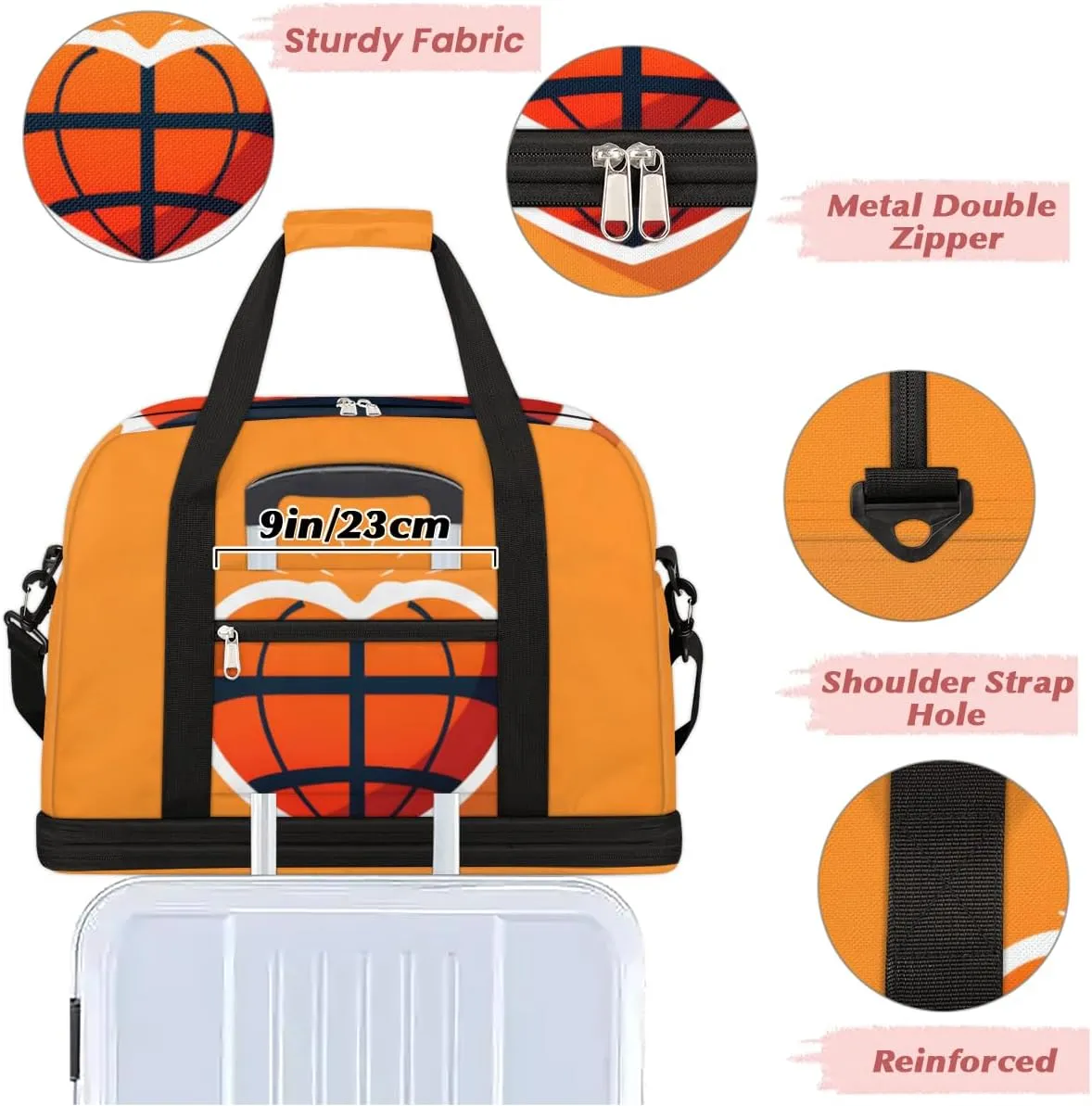 Basketball Love Heart Foldable Duffle Bag with Shoes Compartment Large Capacity Waterproof Travel Weekender Bag Overnight Bag for Sports Gym
