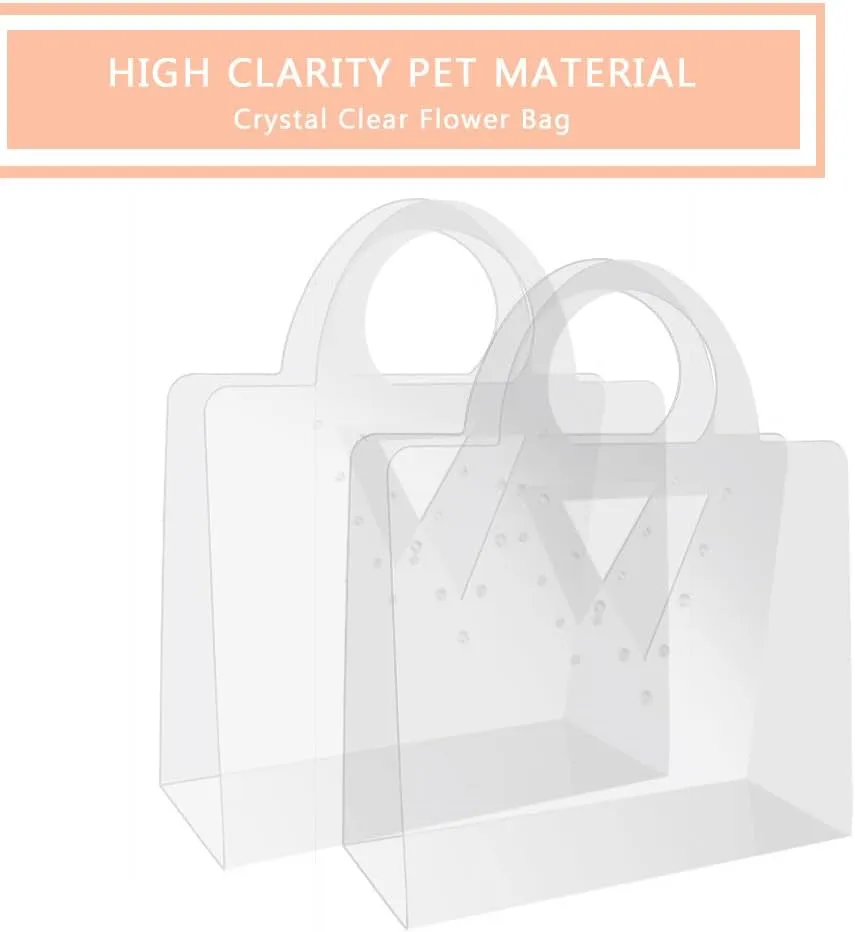 BBJ WRAPS Transparent Flower Bags For Bouquets, PET Floral Gift Bags With Handle Perfect Florist Supplies Packaging For Flower Shops On Valentine's Day, Wedding, Mother's Day, Birthday Party (Pack of