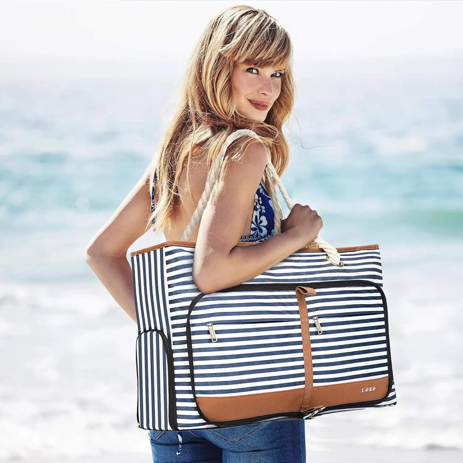 Beach Bag for Women - 35L Large Tote Bag, Waterproof & Sandproof, Zippered Carry On Bag for Pool, Beach & Travel