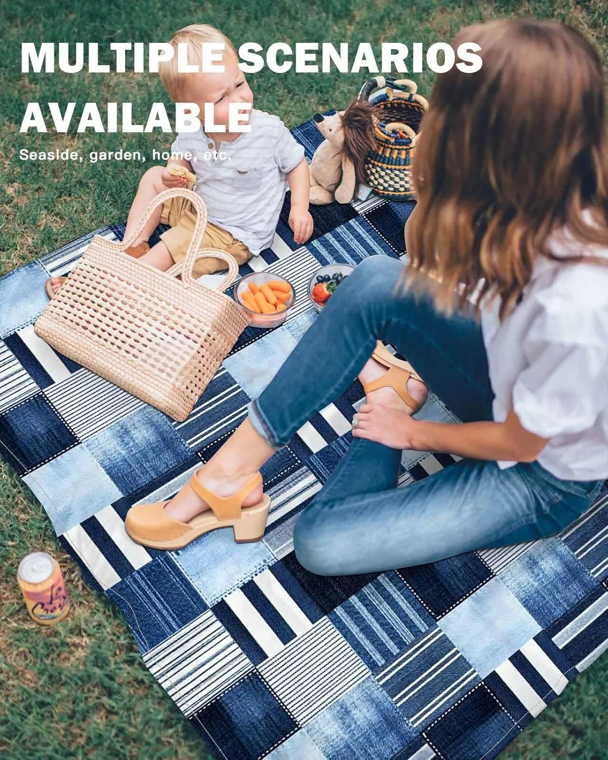 Beach Blanket Sandproof Waterproof Picnic Blankets Blue Stripe Plaid Gingham Check Extra Large Lightweight Outdoor Beach Mat with Corner Pockets for Travel/Camping/Hiking Abstract Geometric