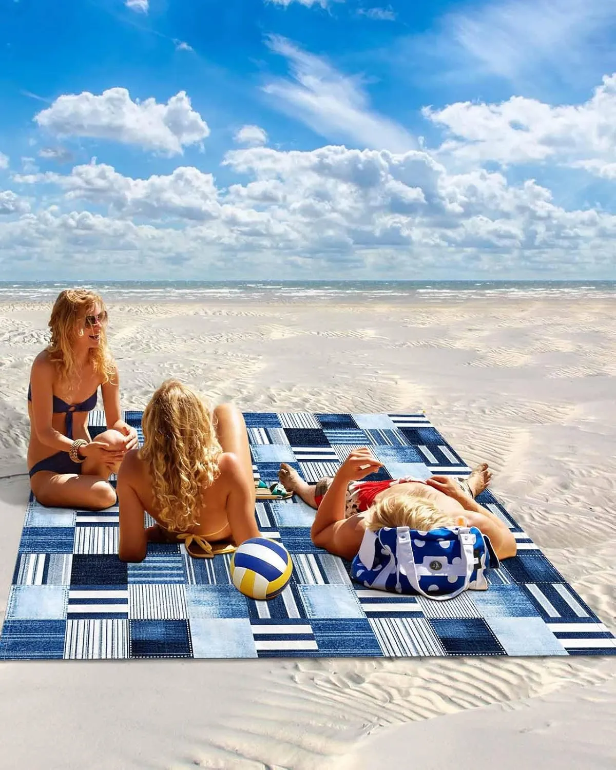 Beach Blanket Sandproof Waterproof Picnic Blankets Blue Stripe Plaid Gingham Check Extra Large Lightweight Outdoor Beach Mat with Corner Pockets for Travel/Camping/Hiking Abstract Geometric