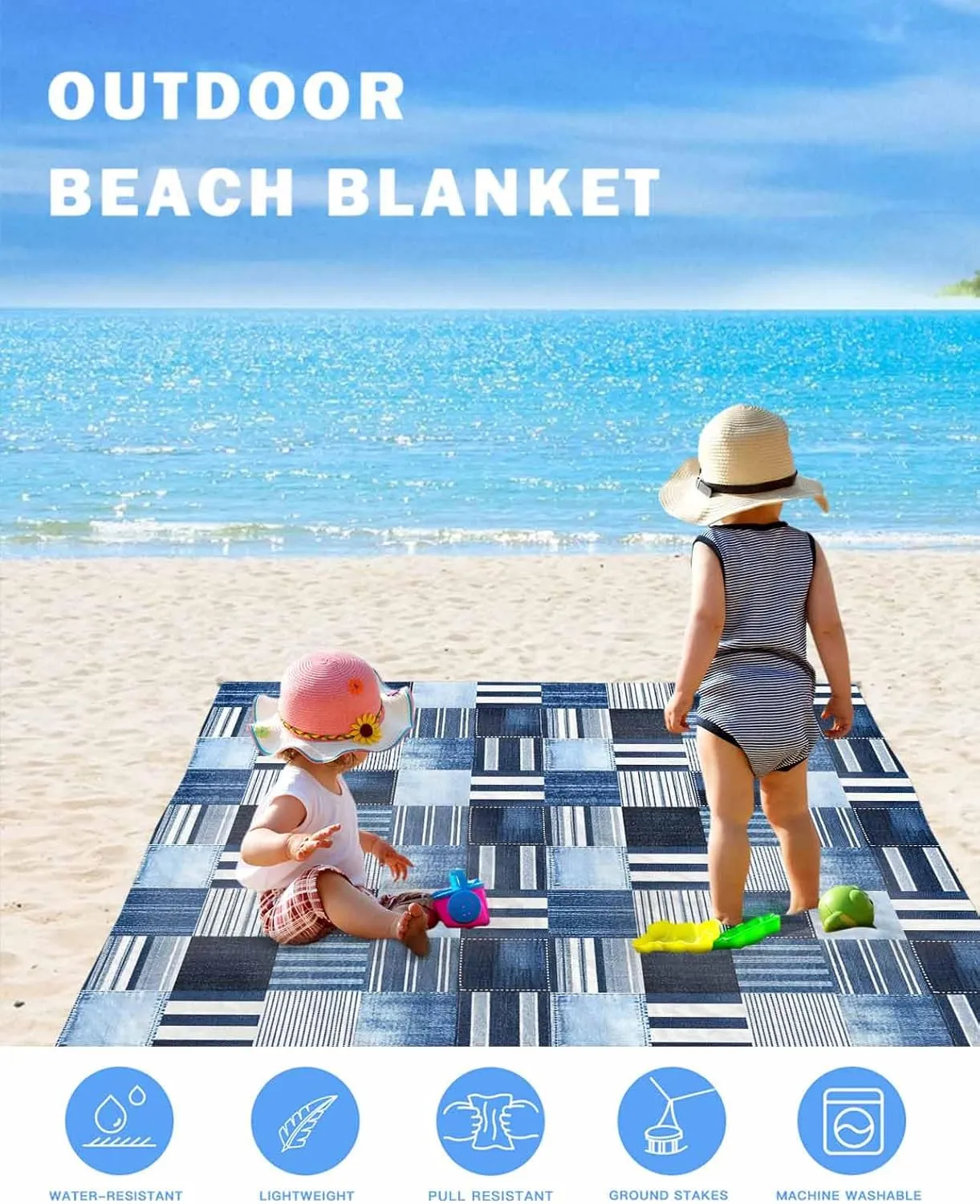 Beach Blanket Sandproof Waterproof Picnic Blankets Blue Stripe Plaid Gingham Check Extra Large Lightweight Outdoor Beach Mat with Corner Pockets for Travel/Camping/Hiking Abstract Geometric