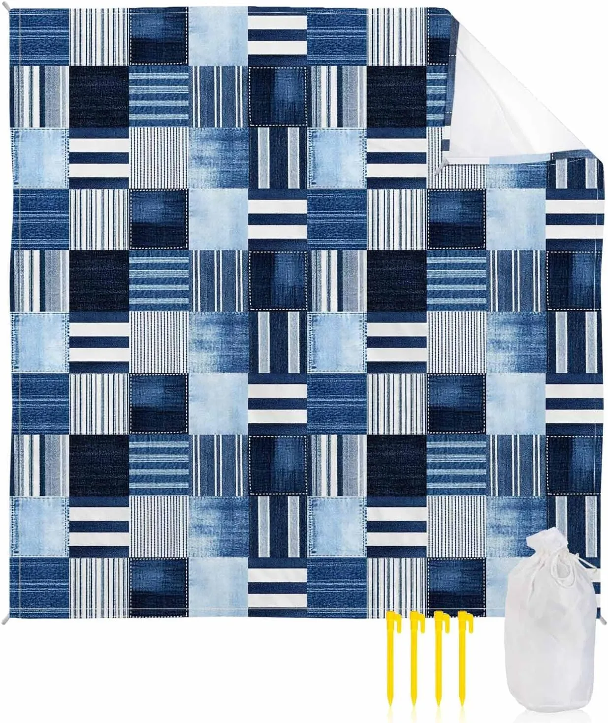 Beach Blanket Sandproof Waterproof Picnic Blankets Blue Stripe Plaid Gingham Check Extra Large Lightweight Outdoor Beach Mat with Corner Pockets for Travel/Camping/Hiking Abstract Geometric