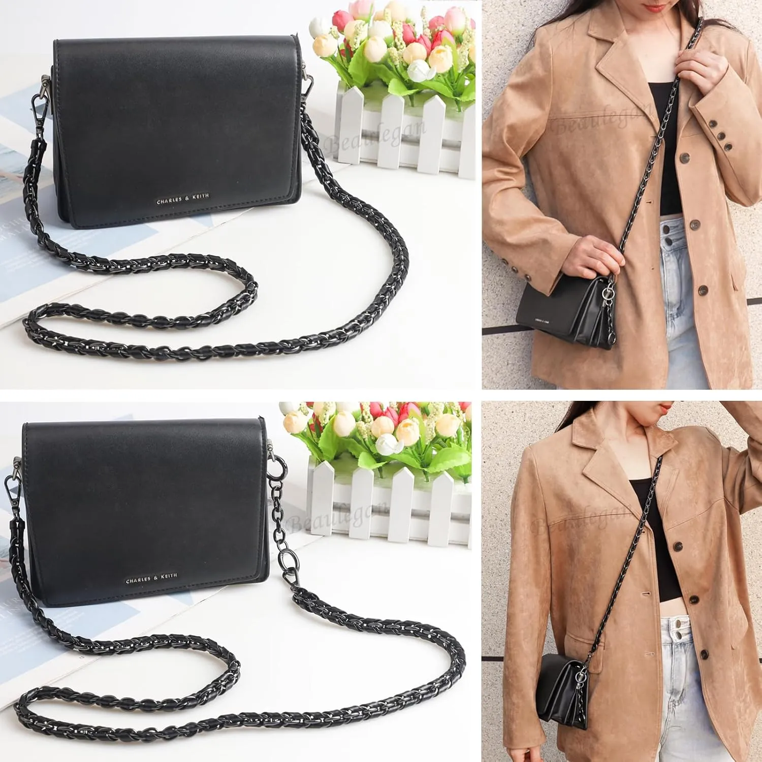 BEAULEGAN Purse Chain Strap - Microfiber Leather - Replacement for Handbag, Crossbody Shoulder Bag Set of 2, 47.2 Inch Long(Gunmetal)