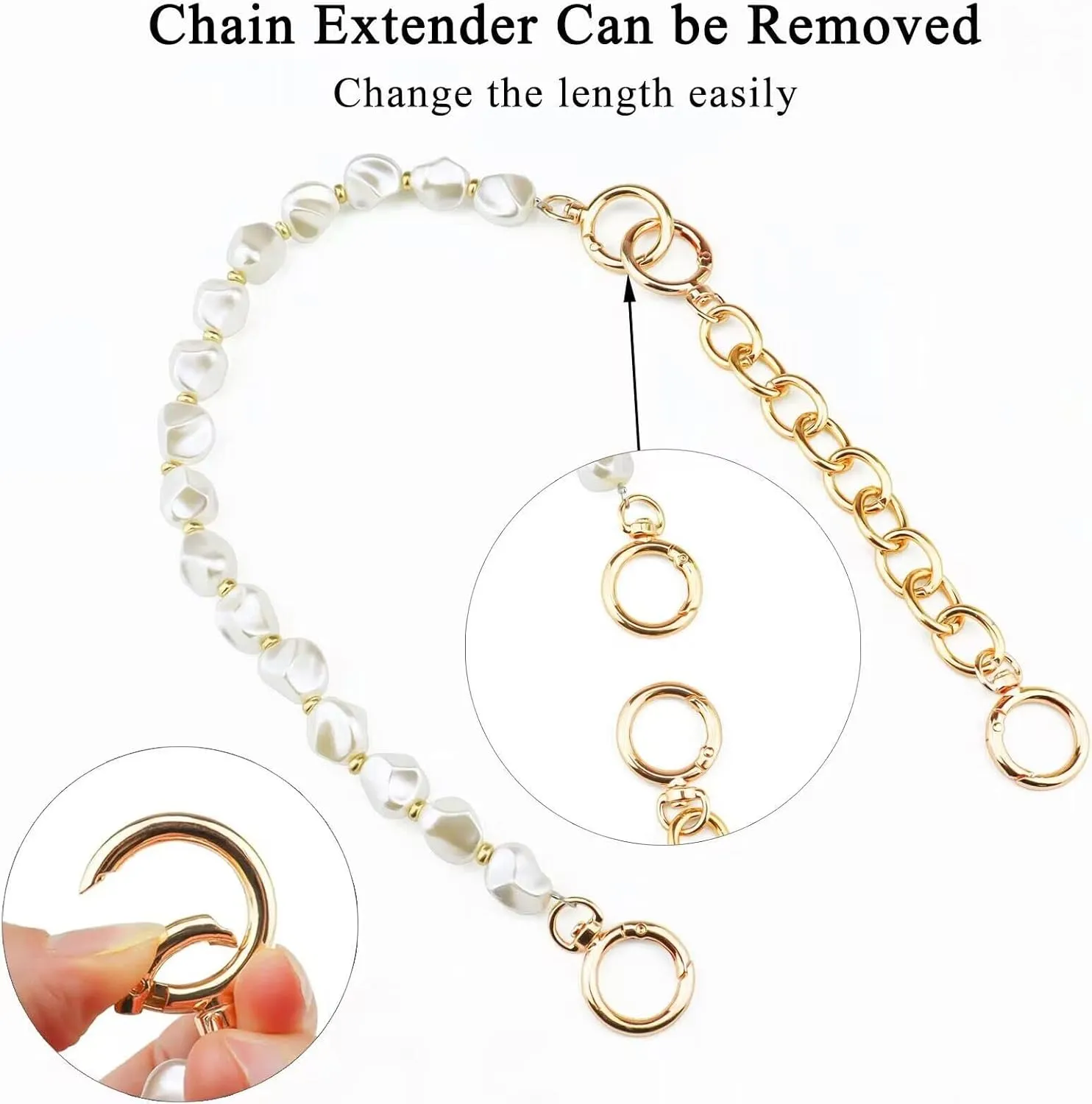Beaulegan Unique Pearl Purse Chain Handles - Short Strap Replacement for Handbag Set of 2, 15.7 & 7.8 Inch Long (Gold)