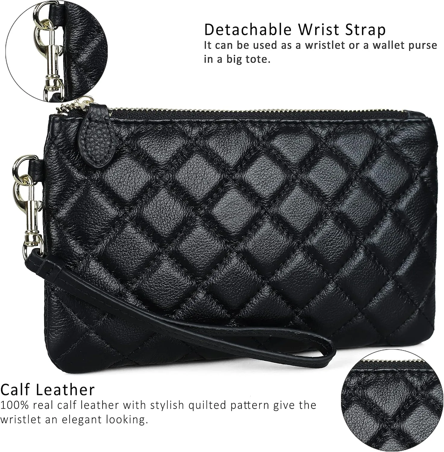 befen Women's Genuine Italian Leather Wristlet Clutch Wallet Purse, Gold Zipper