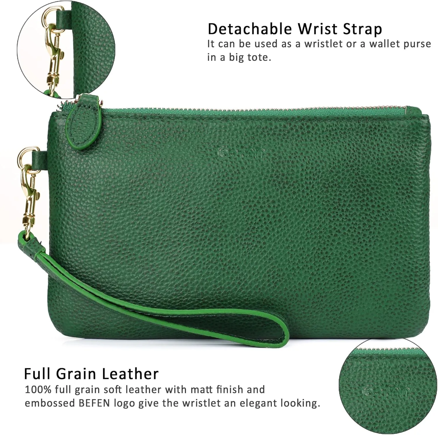 befen Women's Genuine Italian Leather Wristlet Clutch Wallet Purse, Gold Zipper