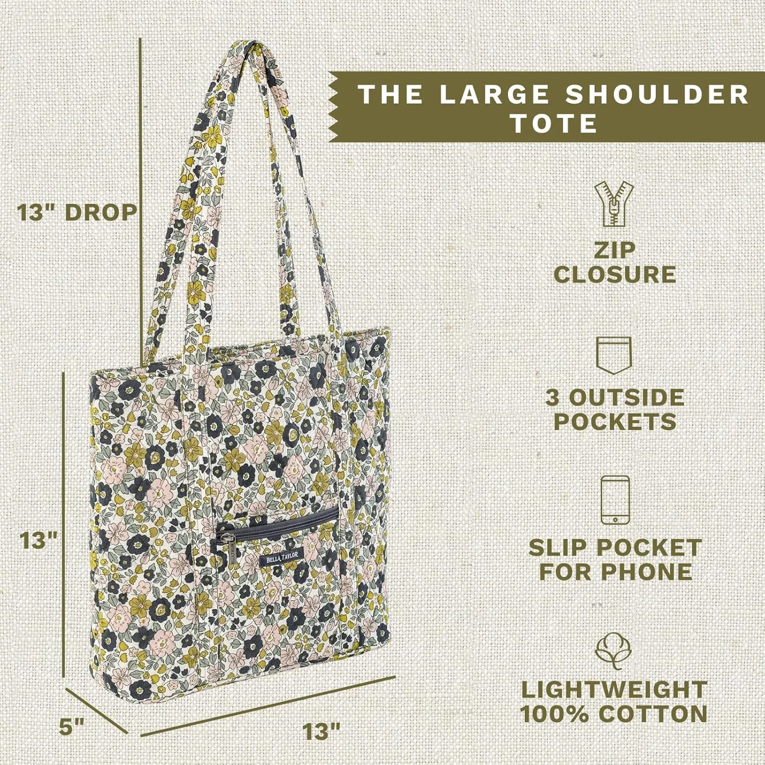 Bella Taylor Large Tote | Lightweight Quilted Fabric Tote Bags for Women