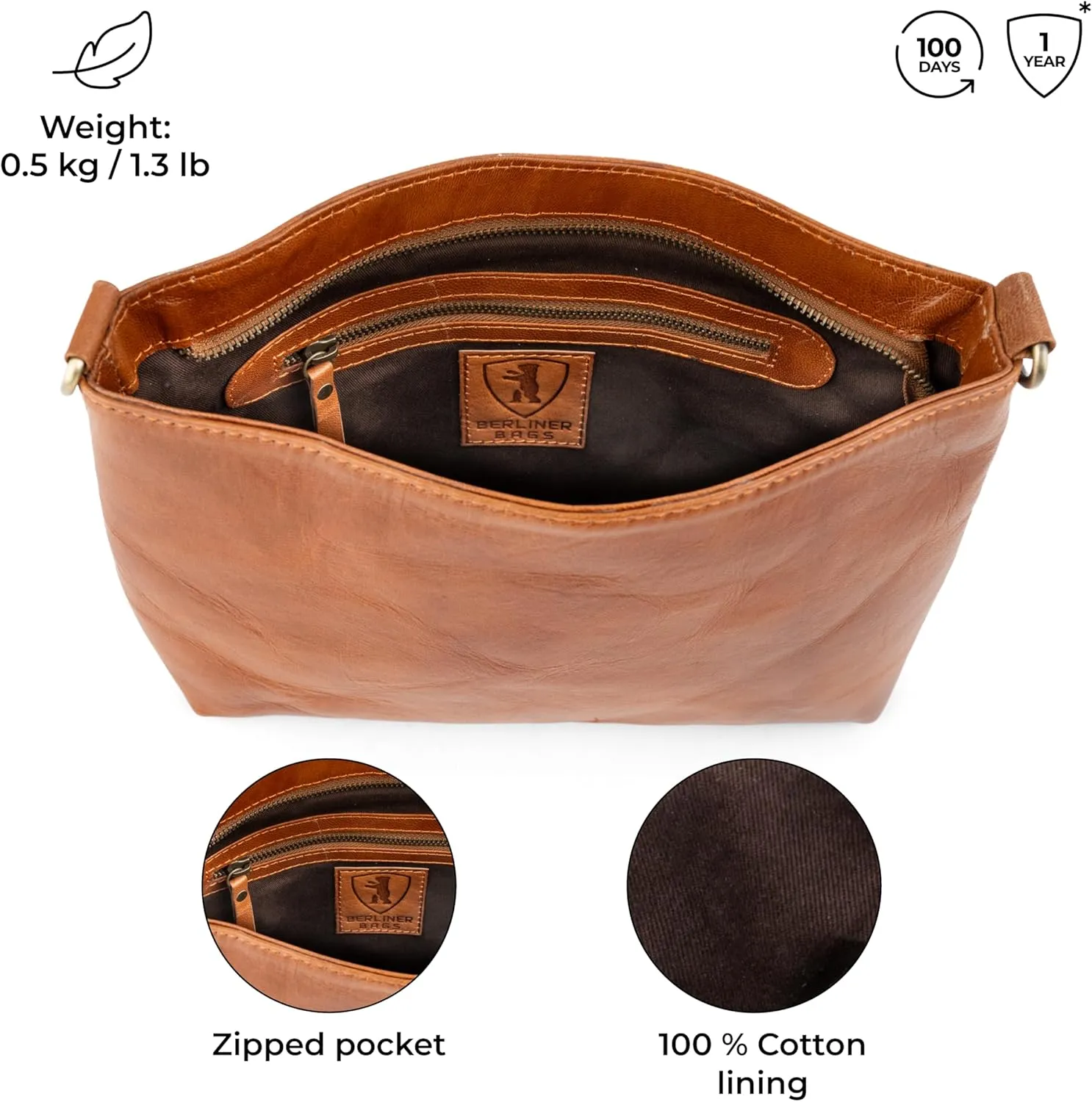 BERLINER BAGS Vintage Genuine Leather Shoulder Bag Marbella, Crossbody Purse for Women, Satchel Bag