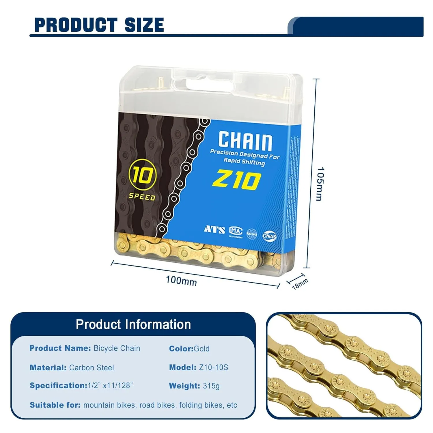 Bike Chain, 10 Speed Bike Chain 1/2" x 3/32" 116 Links Bicycle Chain for Road Mountain Folding Racing Cycling Bikes (Gold-10 Speed)