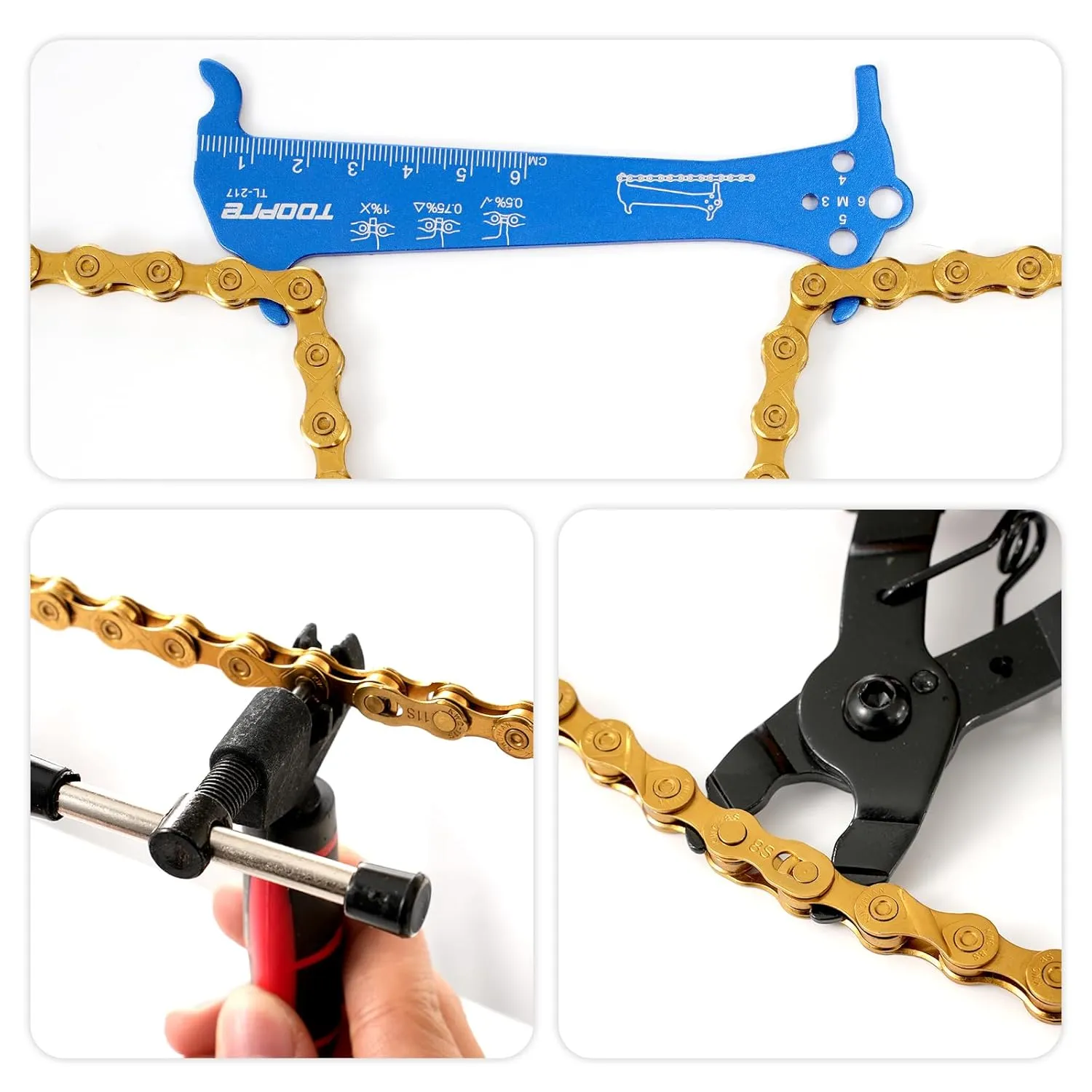 Bike/E-Bike Chain Kit ，8-11Speed Multi-Function Bike Mechanic Repair Kit ，Chain Breaker/Bicycle Chain Pliers/Chain Measuring Device/- for Shimano SRAM Campagnolo -Titanium Gold (X10-Titanium Gold)