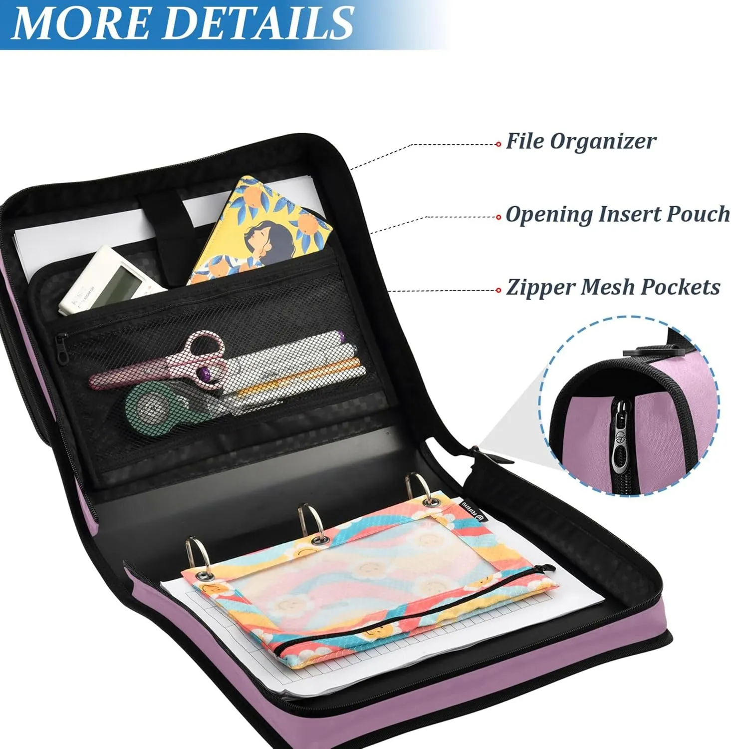 Binder Zipper Organizer Opera Mauve Purple 1.5 Inch Binders 3 Ring Heavy Duty Student School Binder Bag with Shoulder Strap Portfolio Hold 500 Sheets Holder