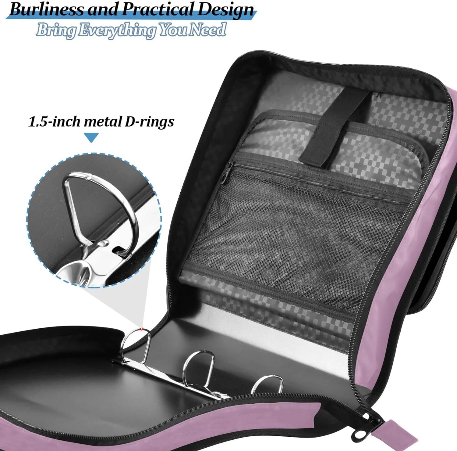 Binder Zipper Organizer Opera Mauve Purple 1.5 Inch Binders 3 Ring Heavy Duty Student School Binder Bag with Shoulder Strap Portfolio Hold 500 Sheets Holder