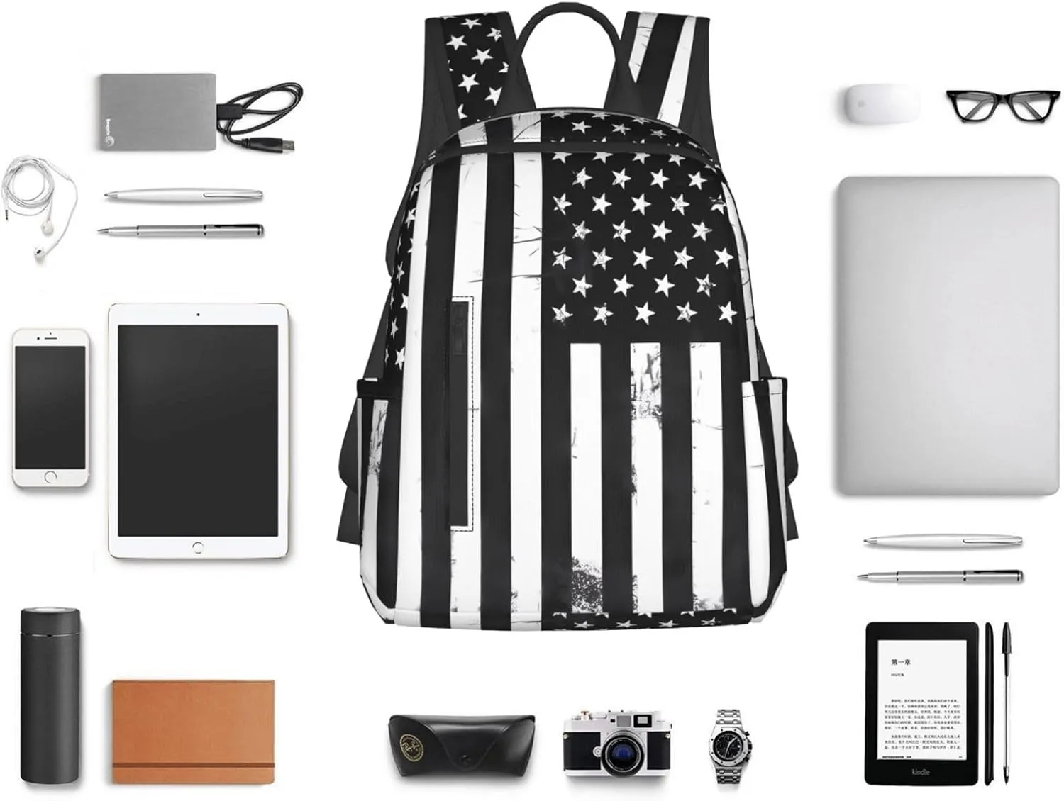 Black And White American Flag Casual Backpacks Laptop Backpack Outdoor Travel Rucksack Sport Carry-On Daypack Lightweight Bag with Multi-Pockets