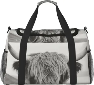 Black And White Highland Cow Travel Duffel Bag Tote Bag Sports Gym Bag For Women And Men