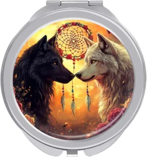 Black and White Wolf Dream Catcher Compact Makeup Mirror Mini Foldable Cosmetic Mirror Portable Travel Mirror for Purse Pocket