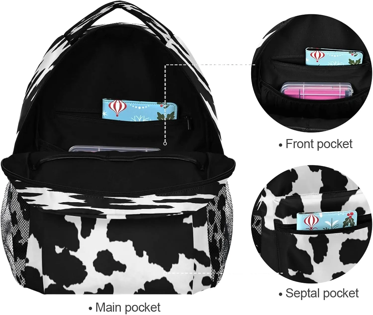Black Animal Cow Print School Backpack for Teen Girls Boys Lightweight Student Backpack Travel Bookbag Laptop Casual Daypack 16x11.4x6.9 inch