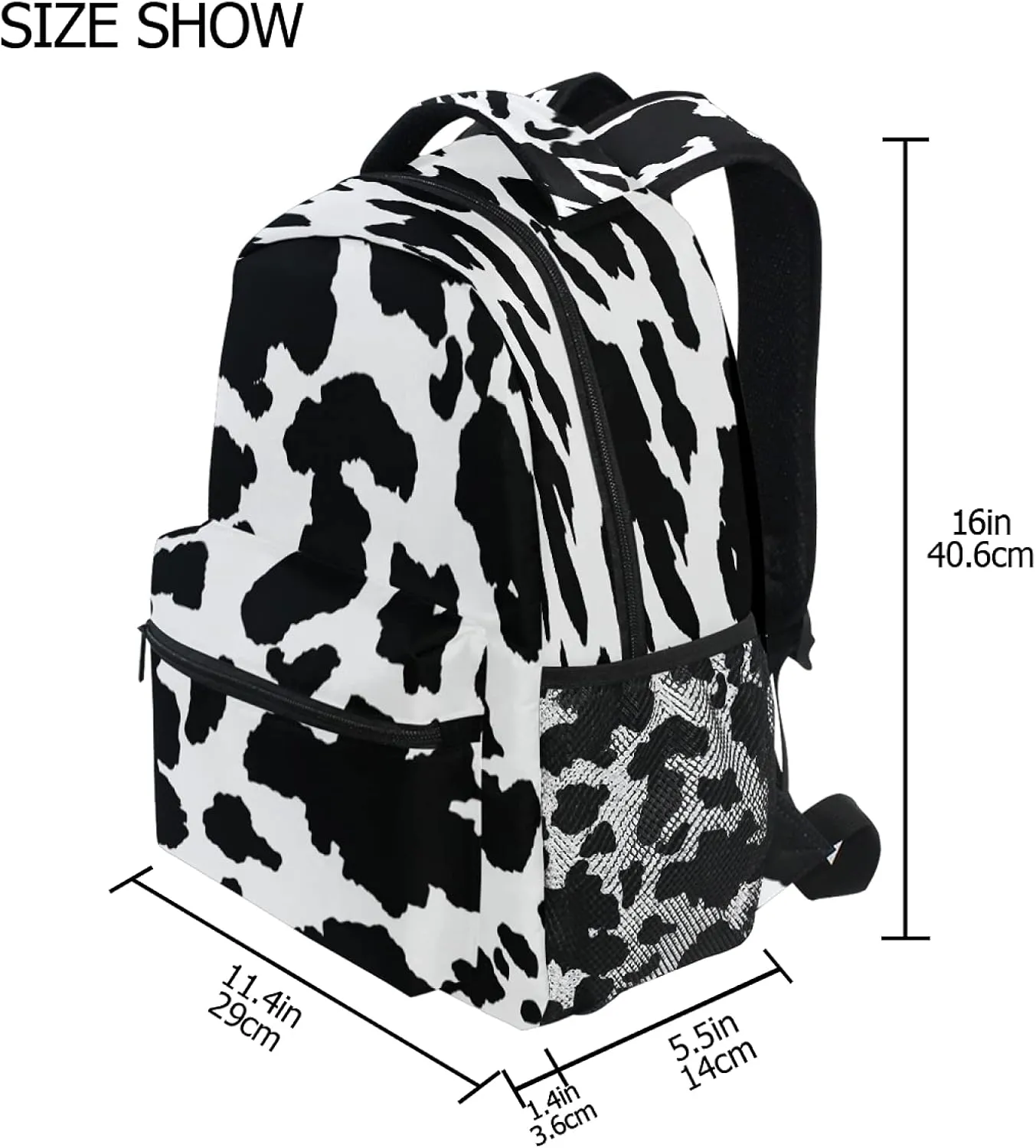 Black Animal Cow Print School Backpack for Teen Girls Boys Lightweight Student Backpack Travel Bookbag Laptop Casual Daypack 16x11.4x6.9 inch