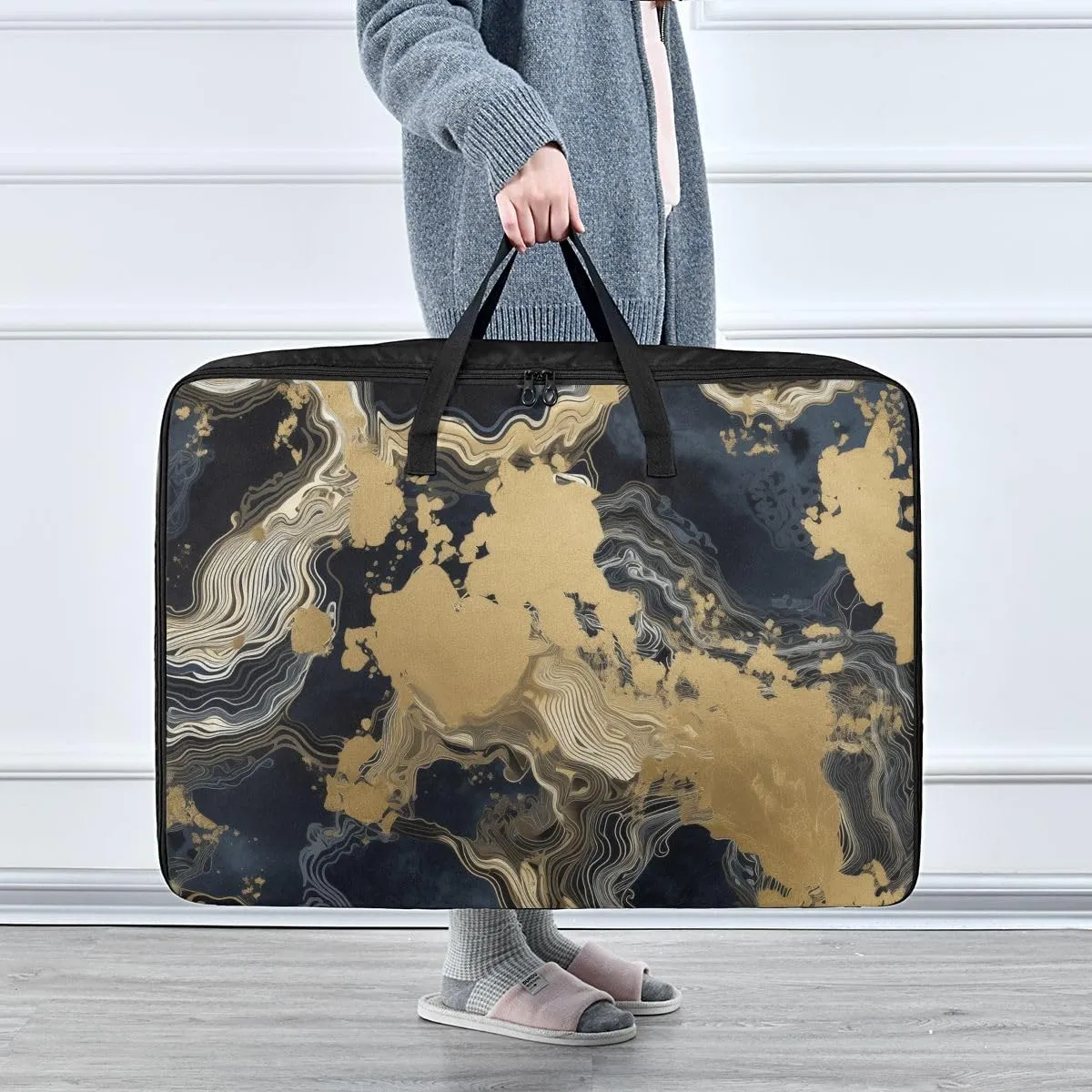 Black Bronzing Style Scene Storage Bag, 27.5x19.7x11 In, Extra Large Storage Duffle Bag with Zippers and Handles Space Saving Packing Totes for Moving Supplies Storage