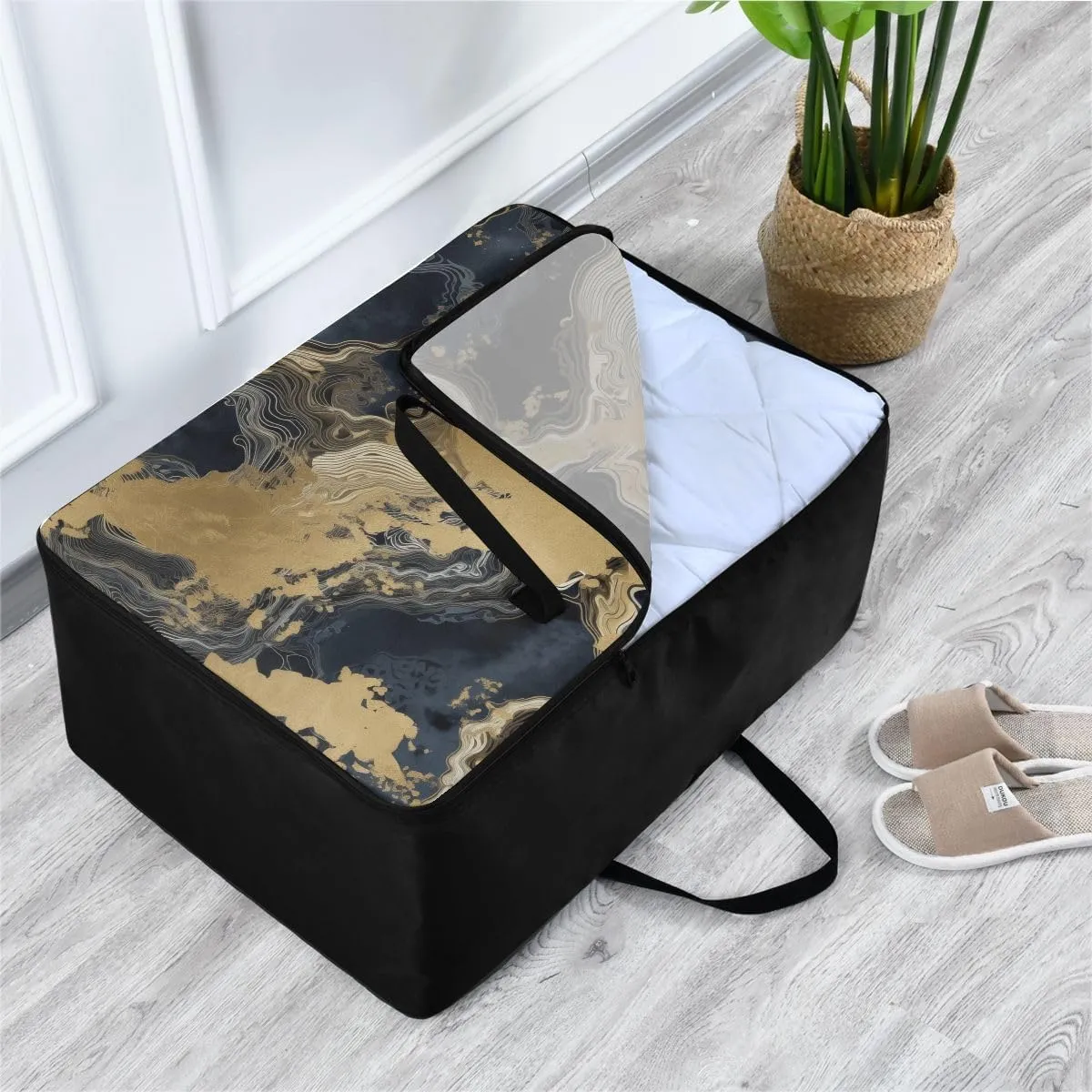 Black Bronzing Style Scene Storage Bag, 27.5x19.7x11 In, Extra Large Storage Duffle Bag with Zippers and Handles Space Saving Packing Totes for Moving Supplies Storage