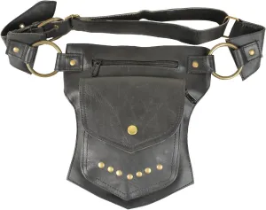 Black Leather Travel Belt, Fanny Pack with Gold Studs and Metal Grommets, for Men & Women, One Size Fits All, Perfect for Burning Man Festivals, and More