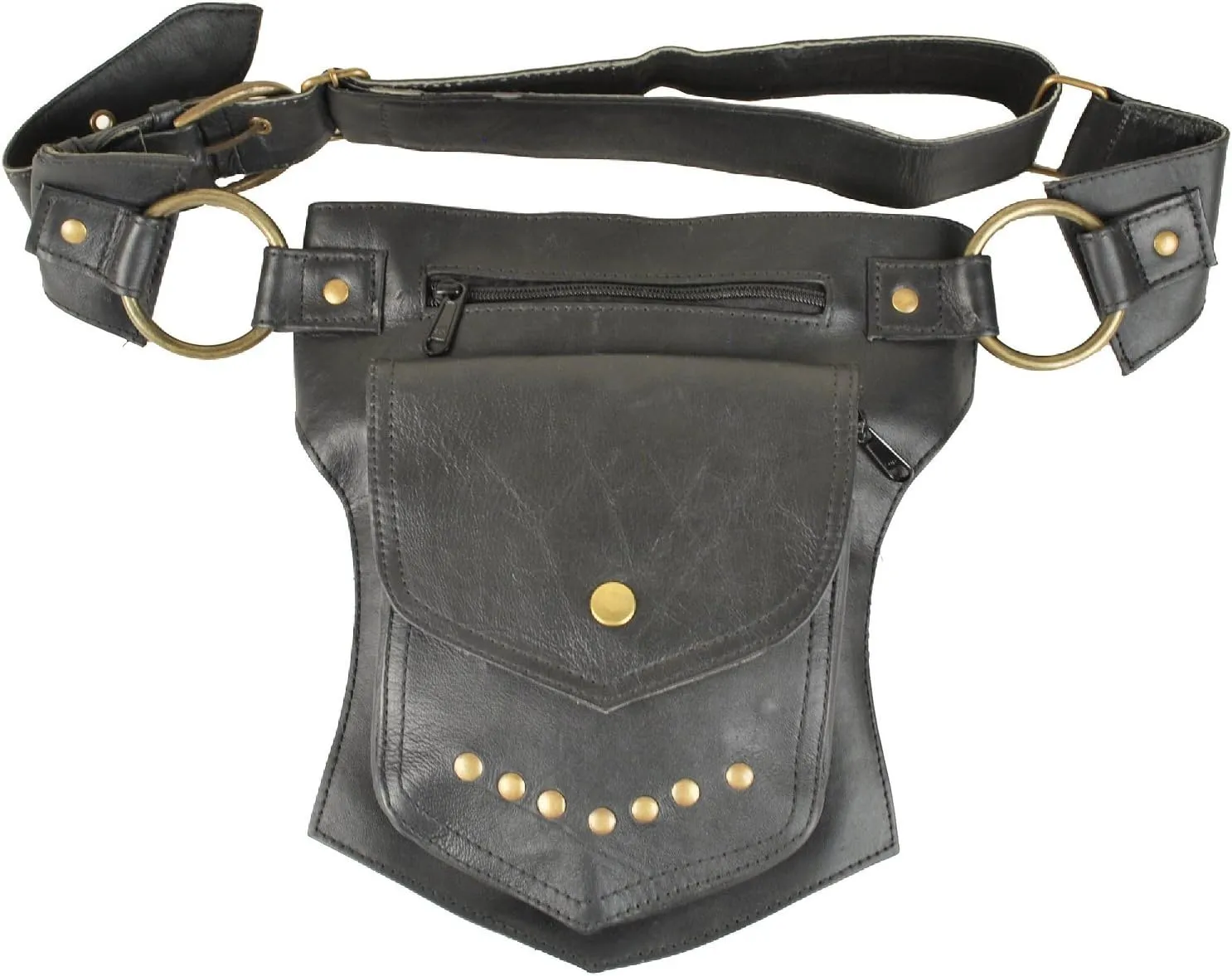 Black Leather Travel Belt, Fanny Pack with Gold Studs and Metal Grommets, for Men & Women, One Size Fits All, Perfect for Burning Man Festivals, and More