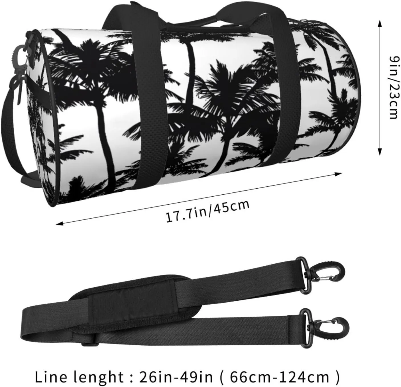 Black palm trees Round Travel Duffel Bag Large Capacity Gym Sports Bags for Hiking Vacation Trips