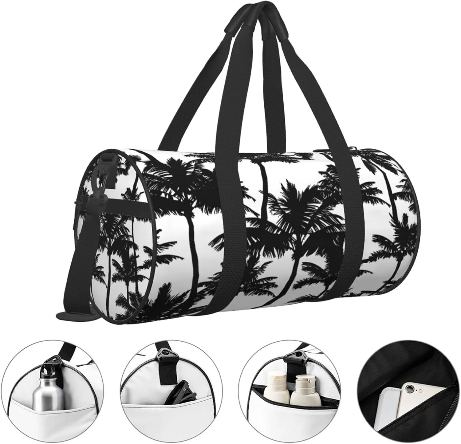 Black palm trees Round Travel Duffel Bag Large Capacity Gym Sports Bags for Hiking Vacation Trips