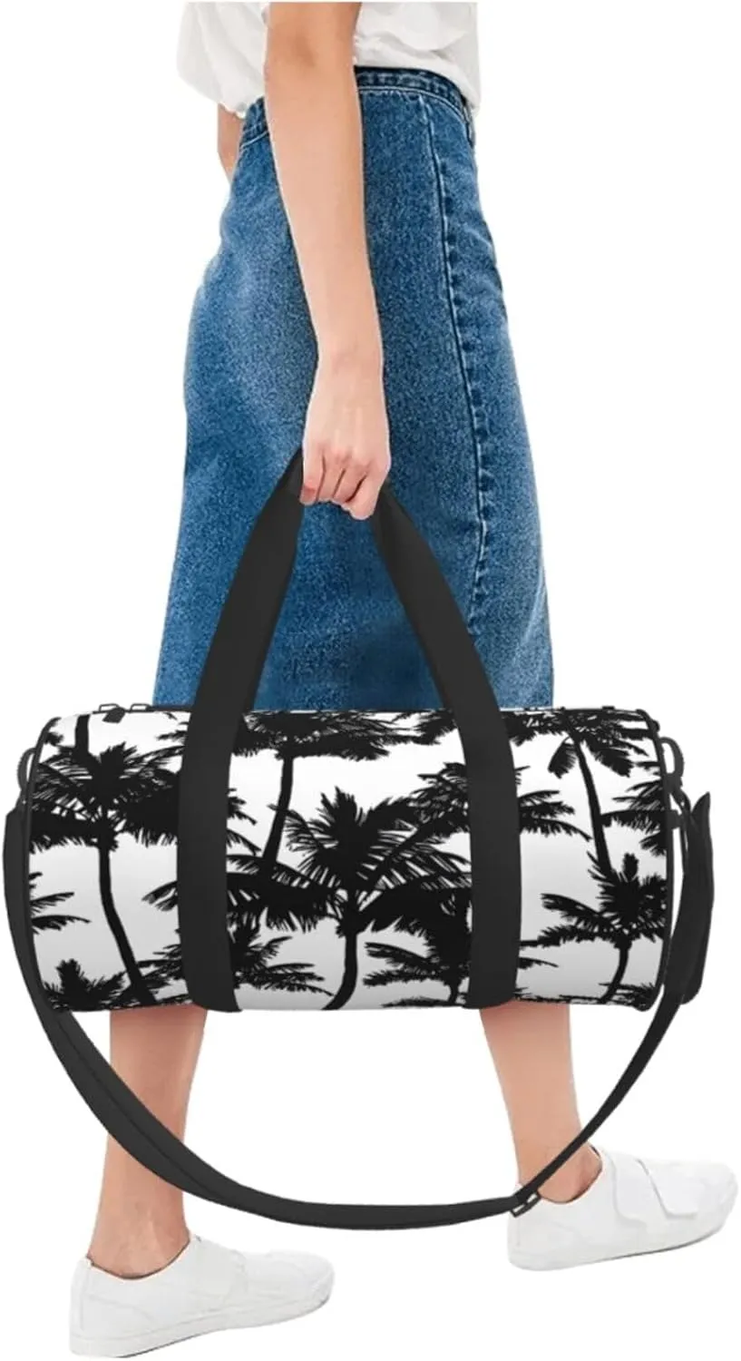 Black palm trees Round Travel Duffel Bag Large Capacity Gym Sports Bags for Hiking Vacation Trips