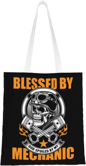 Blessed By Mechanic Tote Bag for Women Canvas Shopping Bags Reusable Large Capacity Casual Shoulder Handbags Grocery Bags DIY Gift Bags