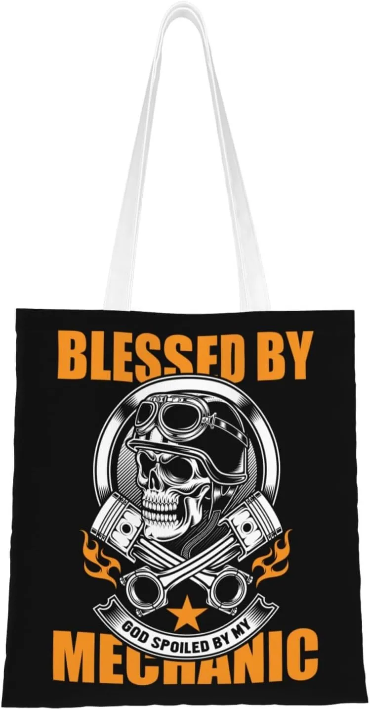 Blessed By Mechanic Tote Bag for Women Canvas Shopping Bags Reusable Large Capacity Casual Shoulder Handbags Grocery Bags DIY Gift Bags