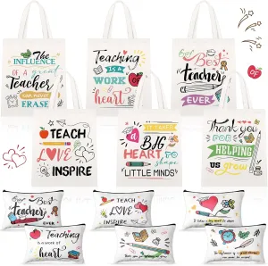 Blosssound 12 Pcs Teacher Appreciation Gift for Women Canvas Tote Bag Thank You Teacher Cosmetic Makeup Bag