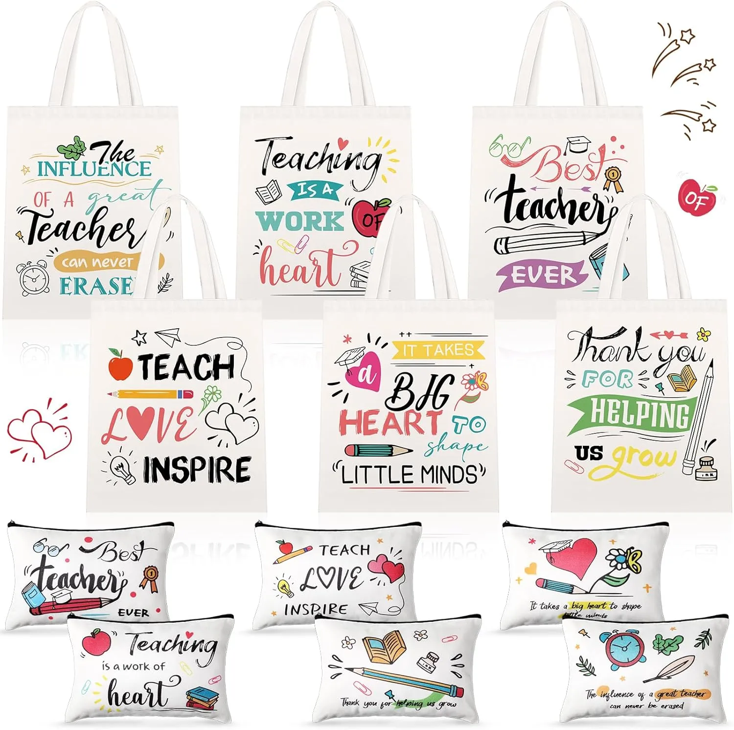 Blosssound 12 Pcs Teacher Appreciation Gift for Women Canvas Tote Bag Thank You Teacher Cosmetic Makeup Bag