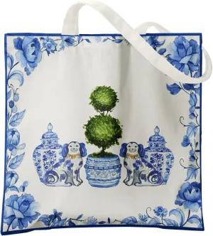 Blue and White Chinoiserie Prints Canvas Tote Bag for Women, Reusable Folding Shopping Bags with Handles