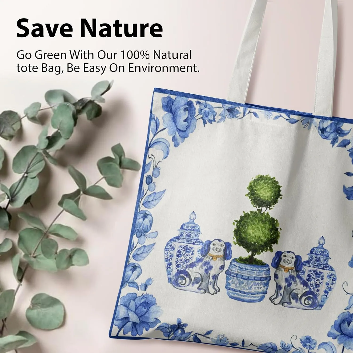Blue and White Chinoiserie Prints Canvas Tote Bag for Women, Reusable Folding Shopping Bags with Handles