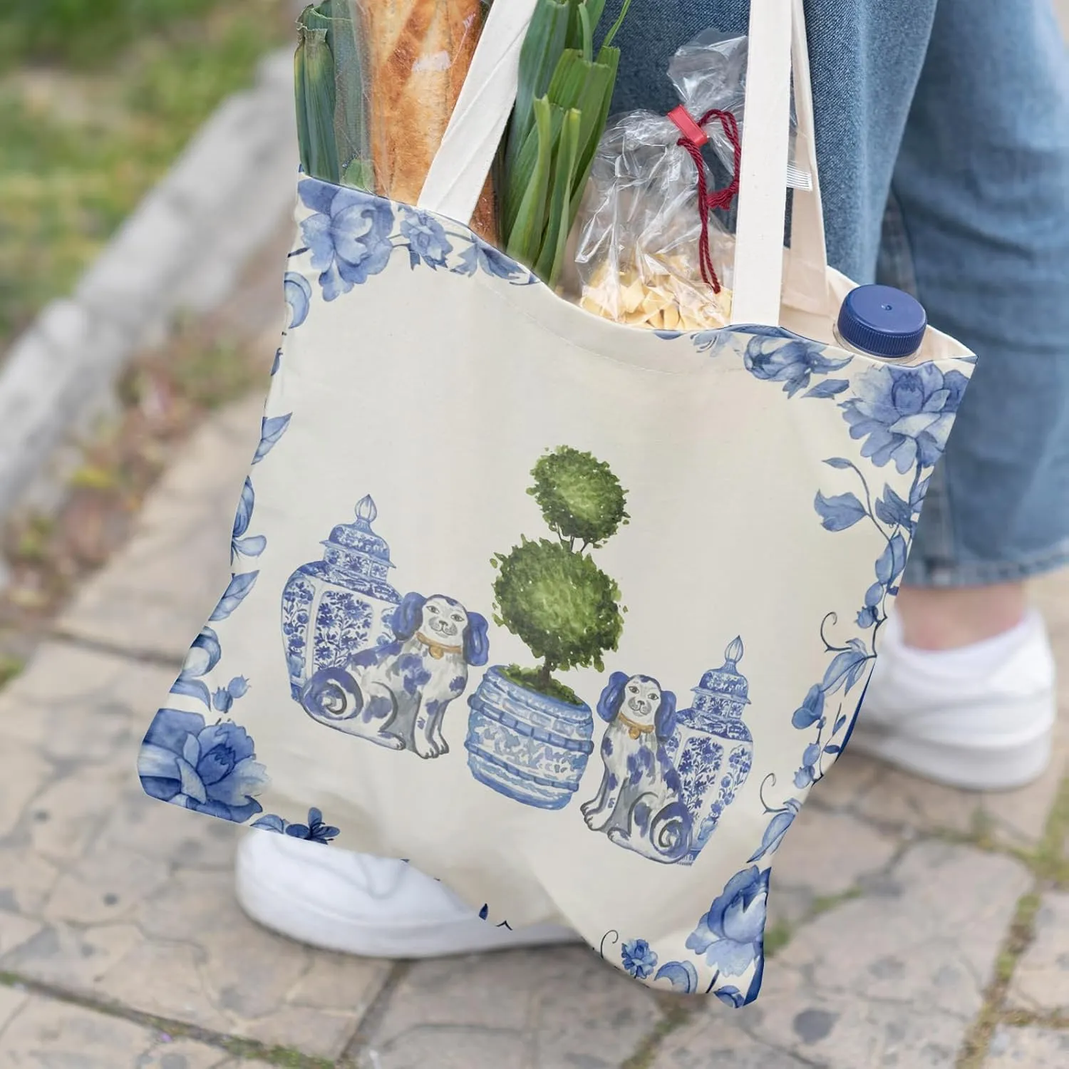 Blue and White Chinoiserie Prints Canvas Tote Bag for Women, Reusable Folding Shopping Bags with Handles