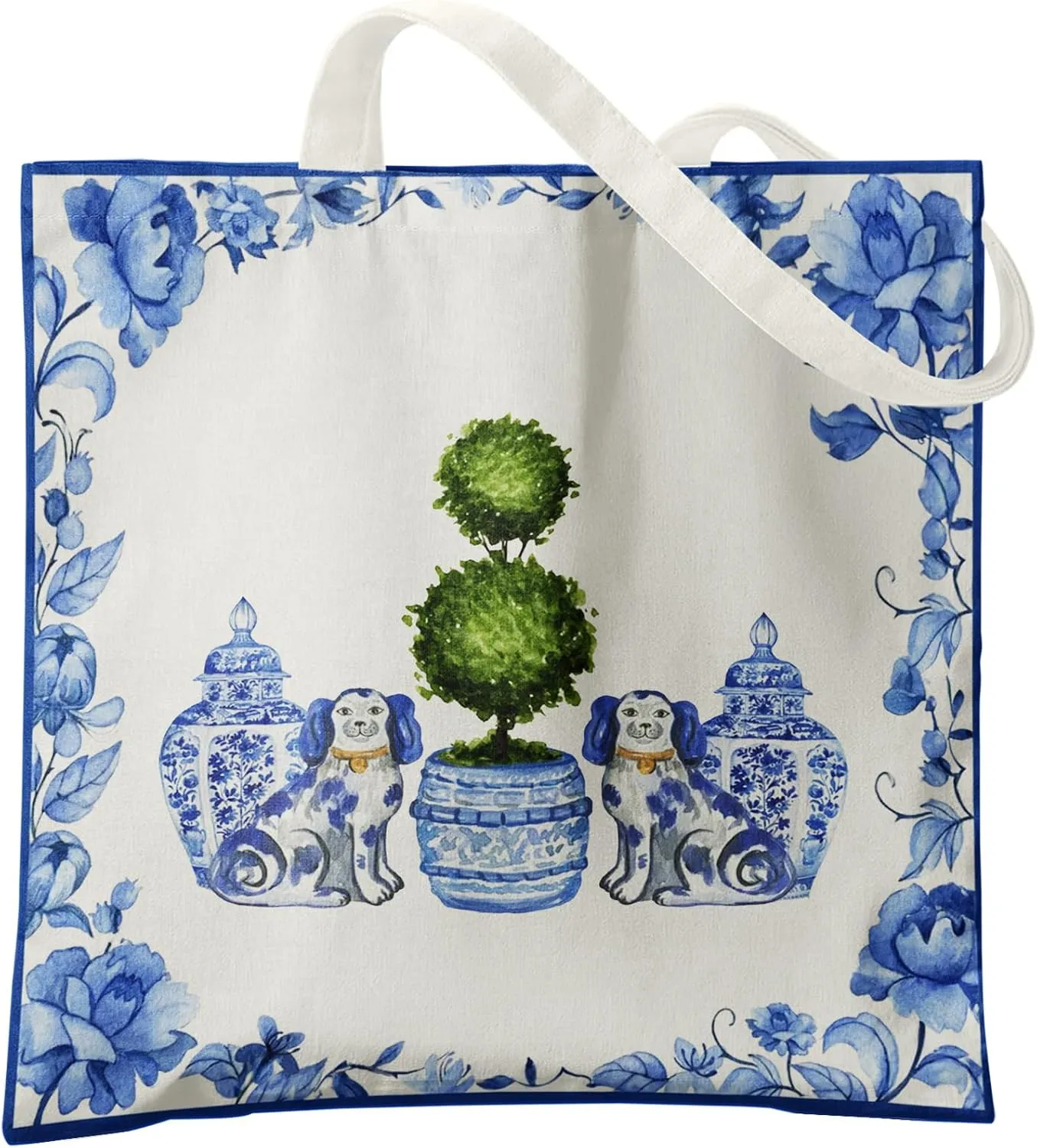 Blue and White Chinoiserie Prints Canvas Tote Bag for Women, Reusable Folding Shopping Bags with Handles