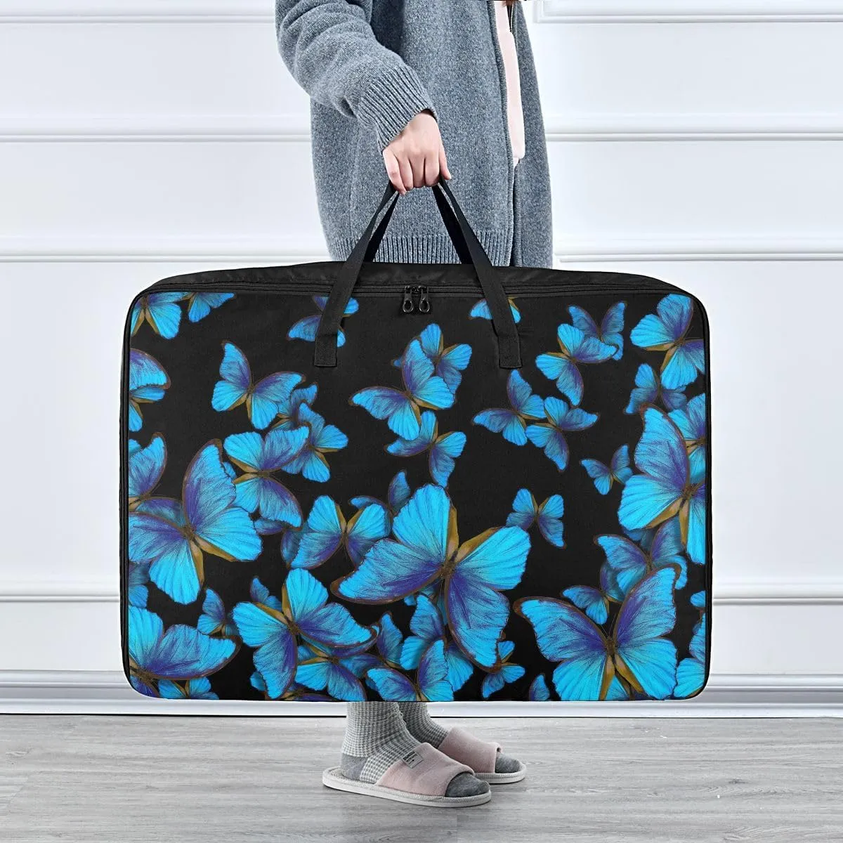 Blue Butterfly Storage Bag, 27.5x19.7x11 In, Collapsible Moving Bags Zippered Storage Bag for Closet Comforter, Pillow, Quilt