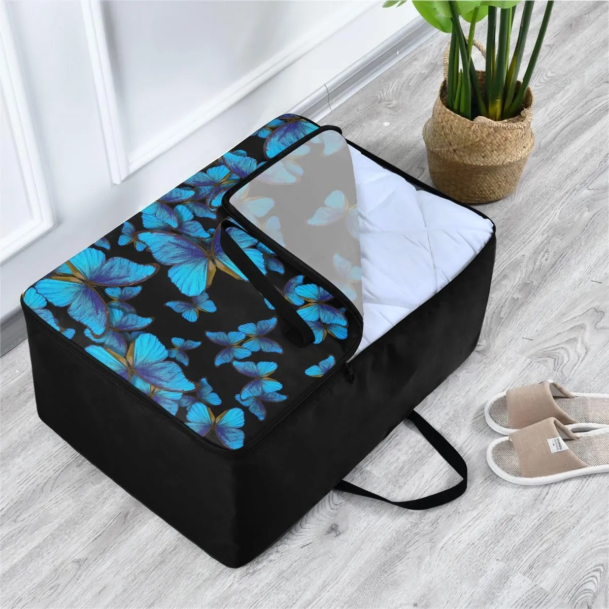 Blue Butterfly Storage Bag, 27.5x19.7x11 In, Collapsible Moving Bags Zippered Storage Bag for Closet Comforter, Pillow, Quilt