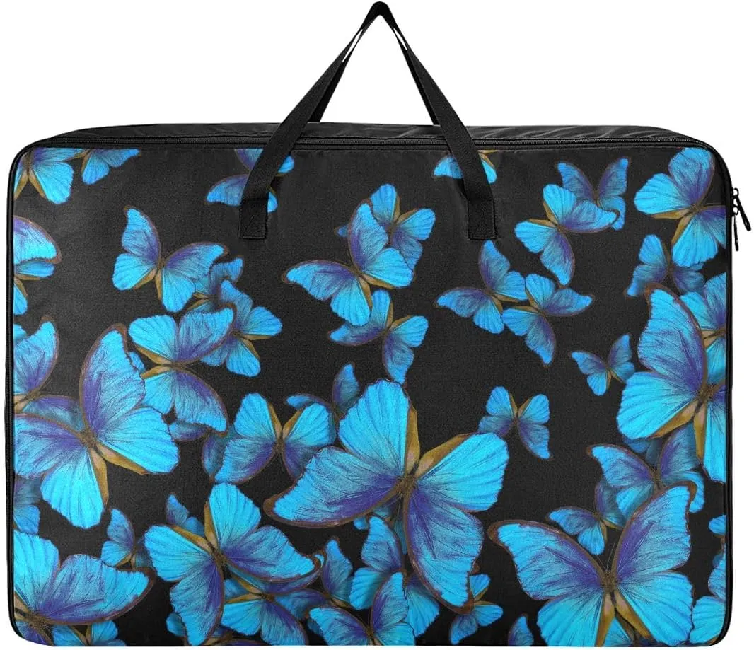 Blue Butterfly Storage Bag, 27.5x19.7x11 In, Collapsible Moving Bags Zippered Storage Bag for Closet Comforter, Pillow, Quilt