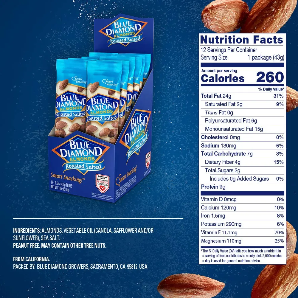 Blue Diamond Almonds, Roasted Salted Flavored Snack Nuts, Single Serve Bags (1.5 Oz. Tubes, Pack of 12)