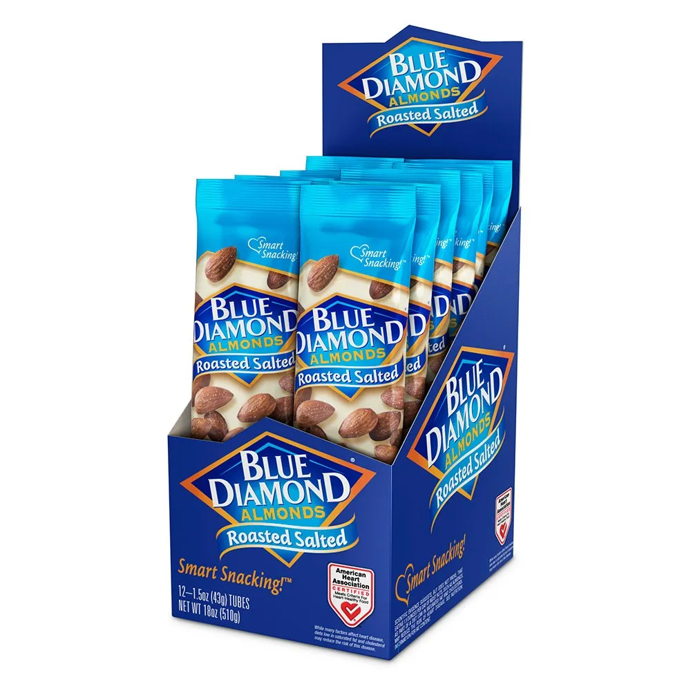 Blue Diamond Almonds, Roasted Salted Flavored Snack Nuts, Single Serve Bags (1.5 Oz. Tubes, Pack of 12)