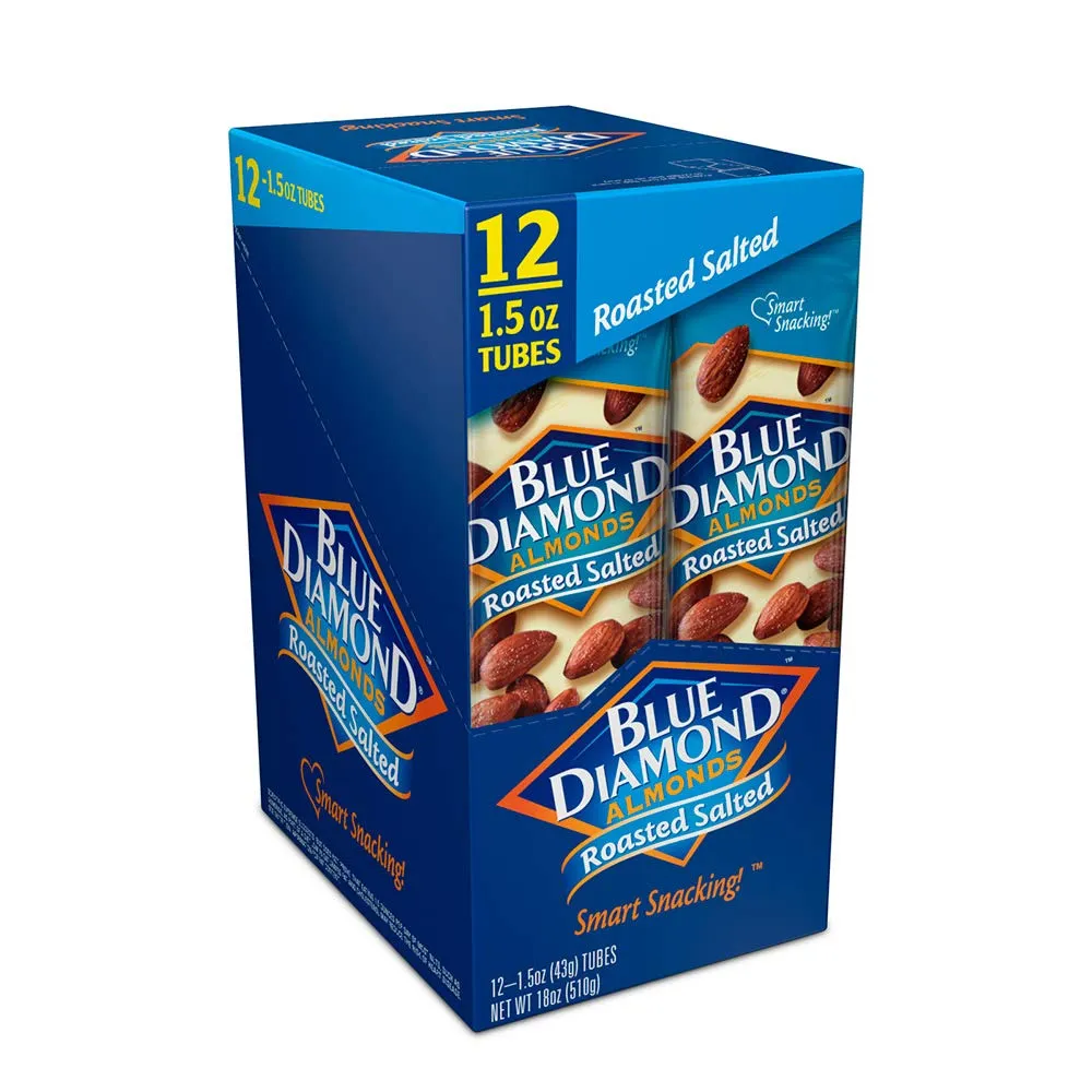Blue Diamond Almonds, Roasted Salted Flavored Snack Nuts, Single Serve Bags (1.5 Oz. Tubes, Pack of 12)