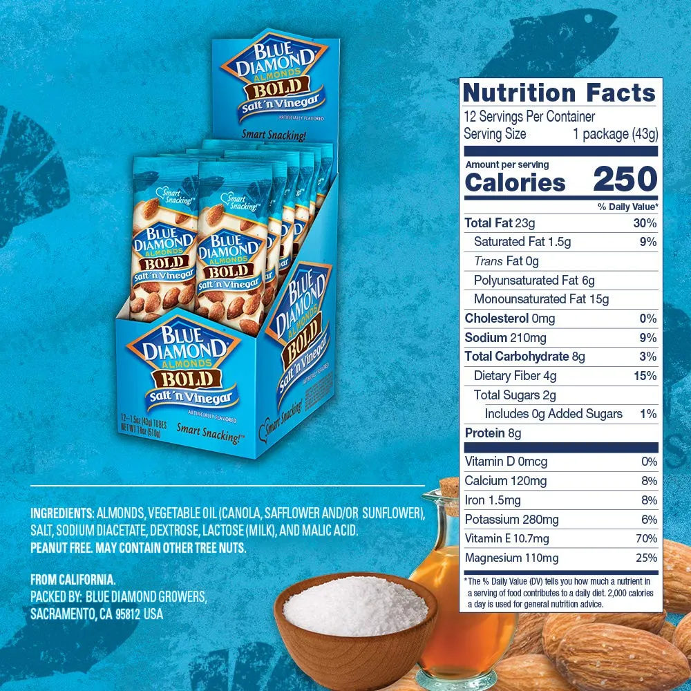 Blue Diamond Almonds Salt N' Vinegar Flavored Snack Nuts, Single Serve Bags (1.5 oz, 2 Packs of 12)