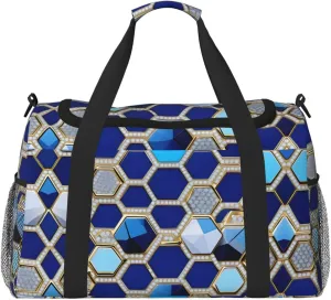 Blue Hexagons and Diamond print Large Canvas Travel Duffel Bag Weekender Bags for Women Overnight Bag Carry On Tote Bag